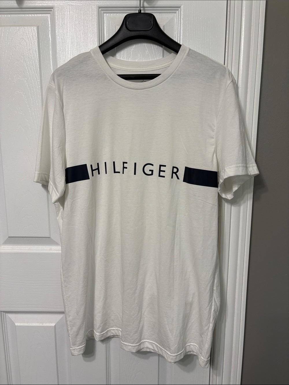 Tommy Hilfiger White Tee with Navy Chest Stripe and Logo